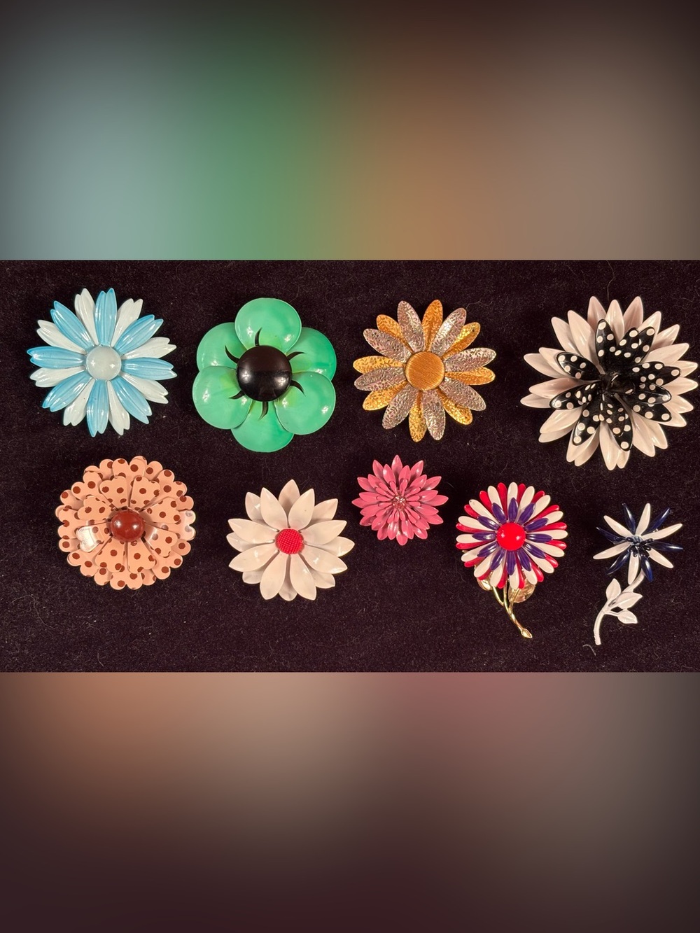 Vintage Enamel Flower Brooch Lot – 9 Large Mod Flower Power Pins 1960s 1970s